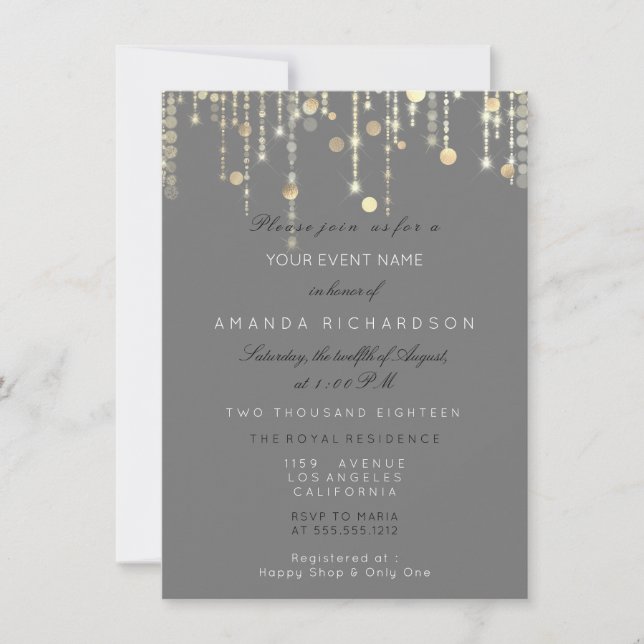 Grey Gold Drips Confetti Bridal Birthday Invitation (Front)
