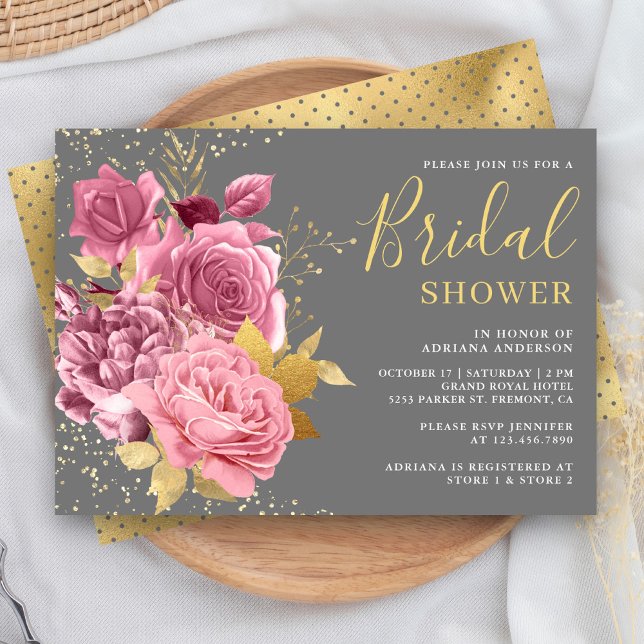 Grey Gold Dusty Mauve Pink Floral Bridal Shower Invitation (Creator Uploaded)