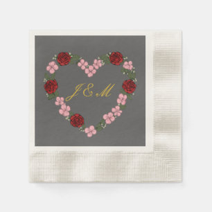 Grey & Gold Floral Heart Wedding Striped Napkins