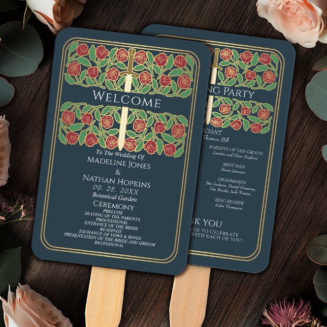 Grey Gold Floral Sword Royal Wedding Program Hand Fan (Creator Uploaded)