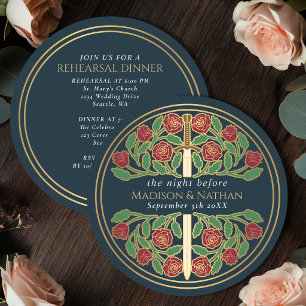 Grey Gold Floral Sword Royal Wedding Rehearsal Invitation