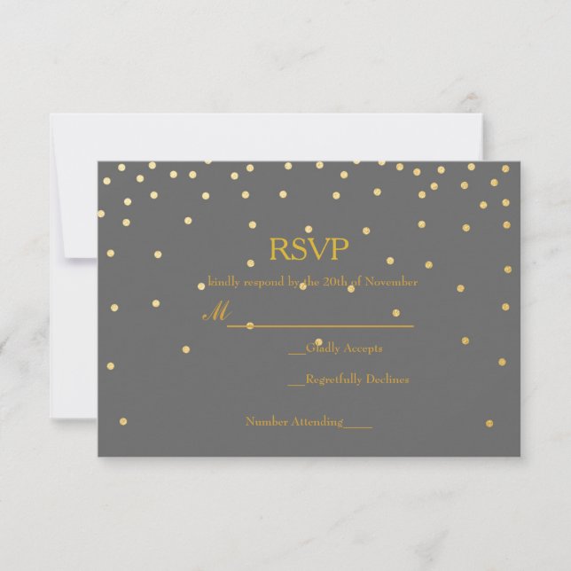 Grey & Gold Foil Confetti Dots Wedding RSVP Card (Front)