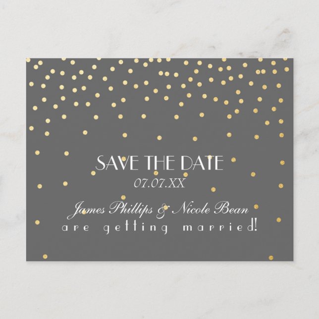 Grey & Gold Foil Dots Save The Date Postcard (Front)