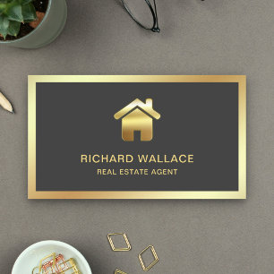 Grey Gold Foil Home Logo Real Estate Agent Business Card