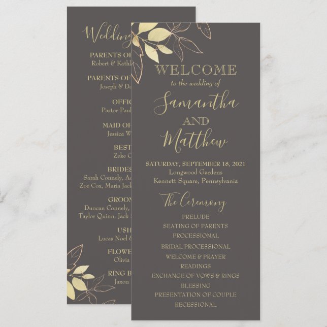 Grey & Gold Foliage Botanical Wedding Program Programme (Front/Back)