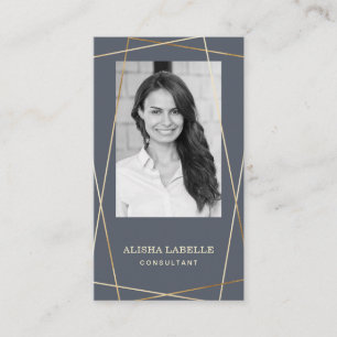 Grey & Gold Geometric Photo Layout & Monogram Business Card