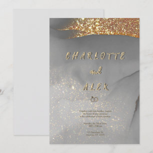 Grey Gold Glitter Chic Ink Wedding Invitation