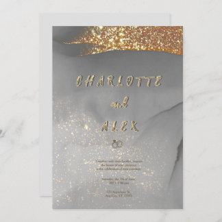 Grey Gold Glitter Chic Ink Wedding Invitation