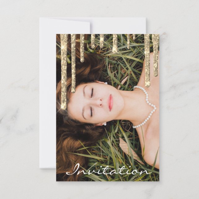 Grey Gold Glitter Drips Birthday Bridal Shower Invitation (Back)