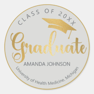 Grey Gold Graduate Name Graduation  Classic Round Sticker
