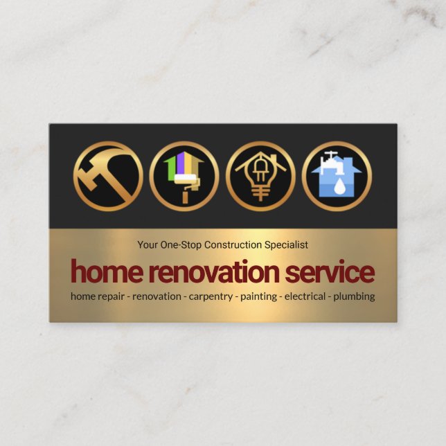 Grey Gold Layer Stylish Gold Handyman Icon Builder Business Card (Front)
