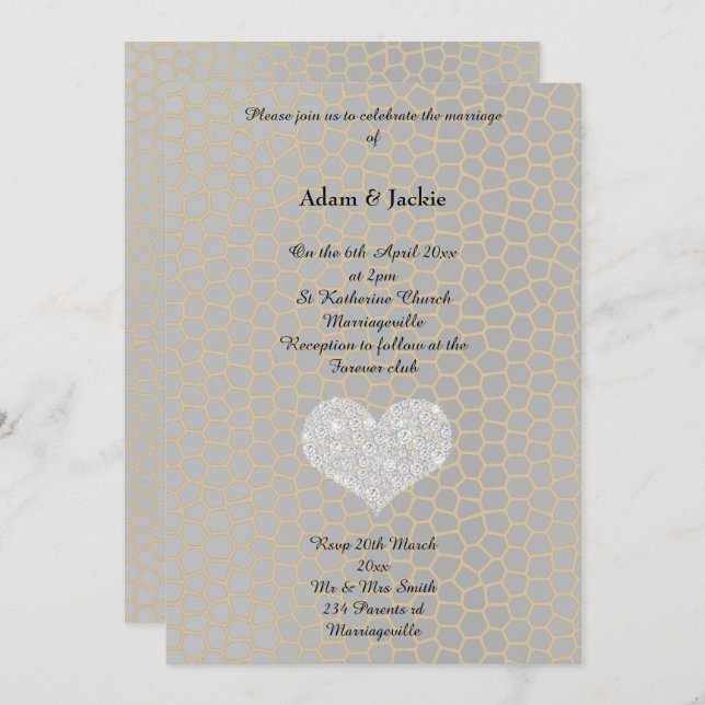 Grey Gold Leopard Print Diamond Heart Wedding Invitation (Front/Back)