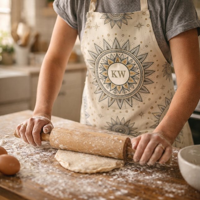 Grey Gold Mandala Pattern Monogram Apron (Creator Uploaded)