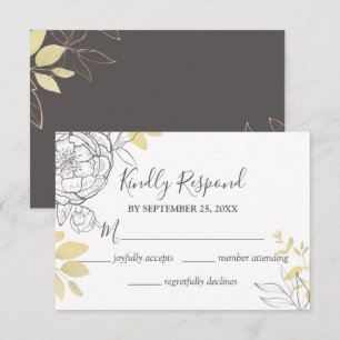 Grey & Gold Peony Floral Wedding RSVP Card