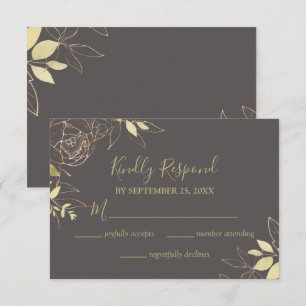 Grey & Gold Peony Floral Wedding RSVP Card