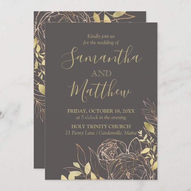 Grey & Gold Peony Modern Floral Wedding Invitation (Front/Back)