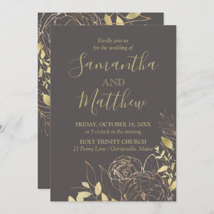 Grey & Gold Peony Modern Floral Wedding Invitation