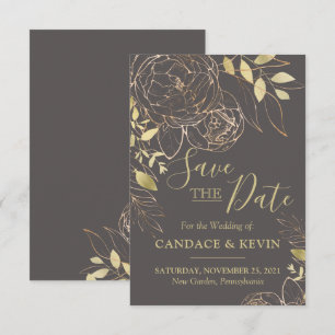 Grey & Gold Peony Modern Floral Wedding Save The Date