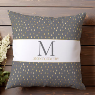 Grey Gold Raindrop Modern Trendy Monogram Cushion