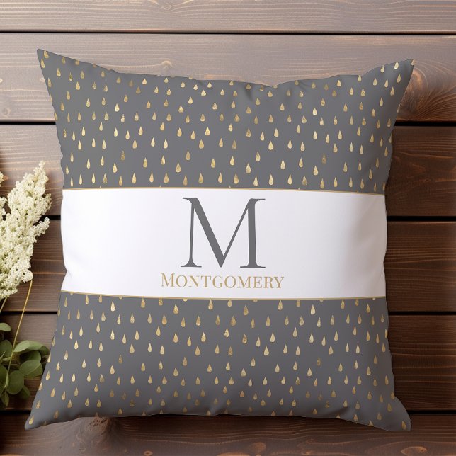 Grey Gold Raindrop Modern Trendy Monogram Cushion (Creator Uploaded)