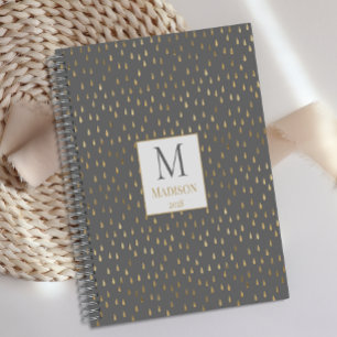 Grey Gold Raindrop Modern Trendy Monogram Planner