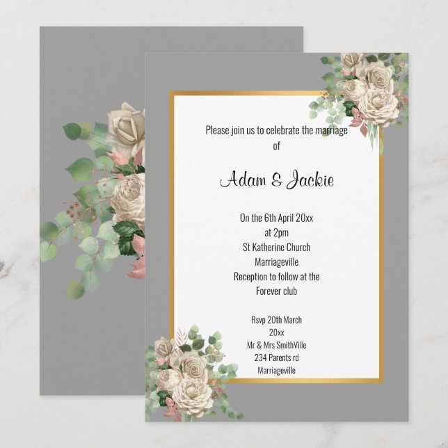 GREY GOLD ROSE EUCALYPTUS WHITE WEDDING 2 INVITATION (Front/Back)