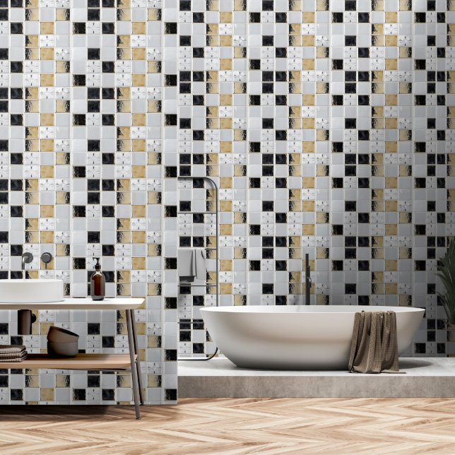 Grey Gold Small Tile Pattern Wallpaper (Bathroom)