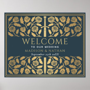Grey Gold Sword Royal Wedding Welcome Sign