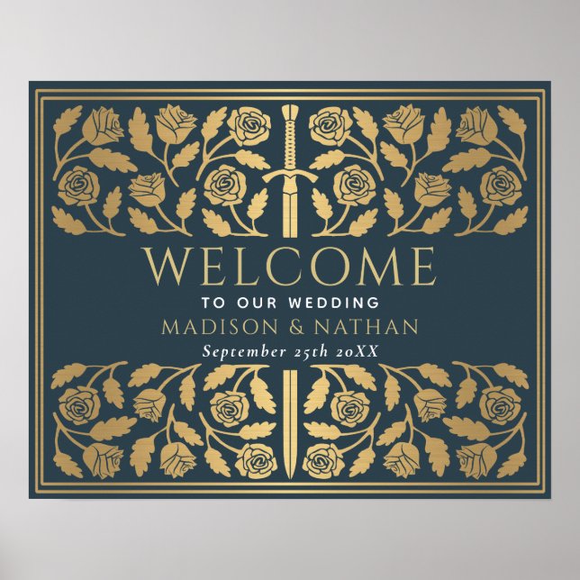 Grey Gold Sword Royal Wedding Welcome Sign (Front)