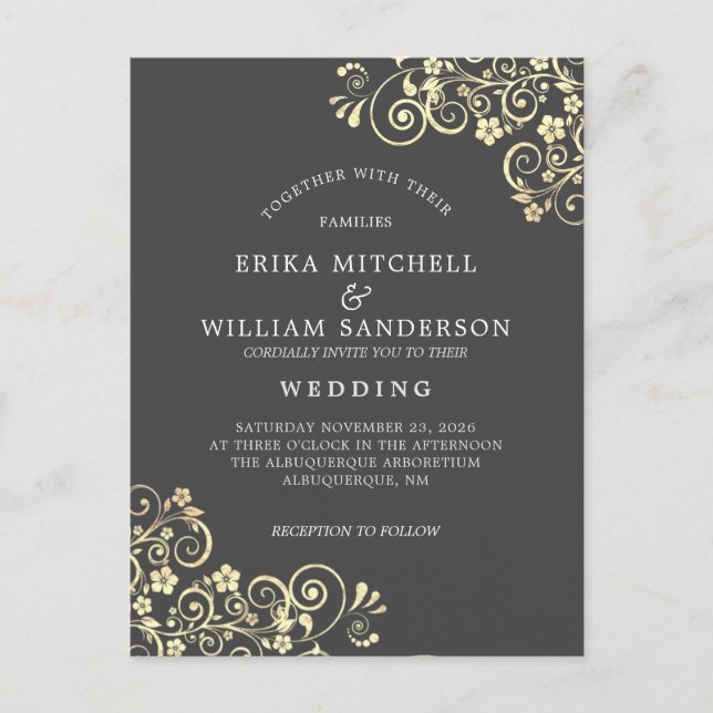 Grey Gold Wedding Invitation RSVP l Website Postcard (Front)