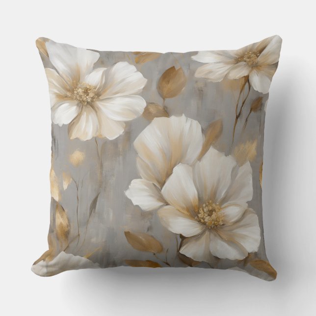 Grey Gold White Floral Home Decor Cushion (Front)
