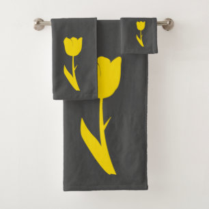Grey Golden Yellow Tulip Dark Grey Big Floral Cute Bath Towel Set