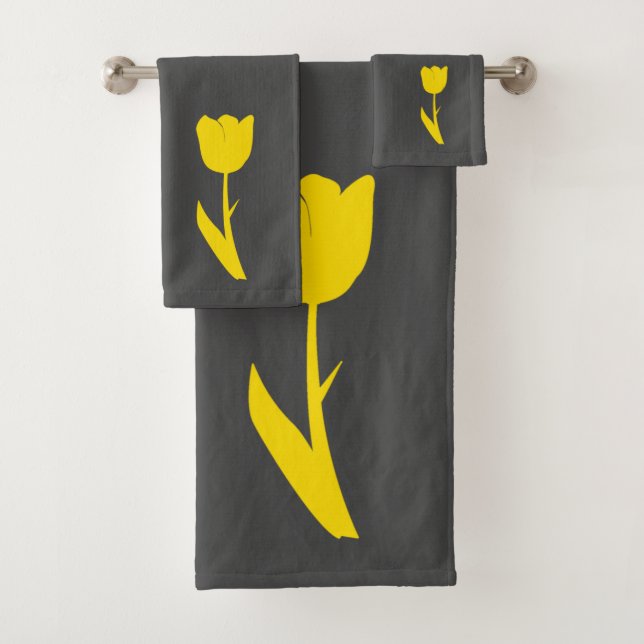 Grey Golden Yellow Tulip Dark Grey Big Floral Cute Bath Towel Set (Insitu)