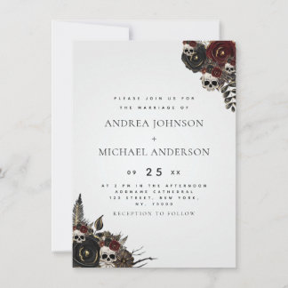 Grey Gothic Floral Skull Elegant Halloween Wedding Invitation