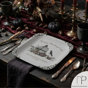 Grey Gothic Give Thanks Victorian Paper Plate