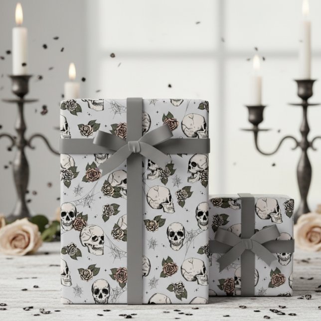 Grey Gothic Skulls and Roses Floral Wrapping Paper (Glam Gothic Floral Skull Wrapping Paper. Ornate Hand Drawn Vintage Skulls & Roses in Black Ink)