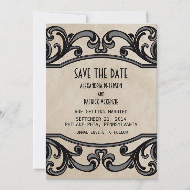 Grey Gothic Swirls Save the Date Invite (Front)