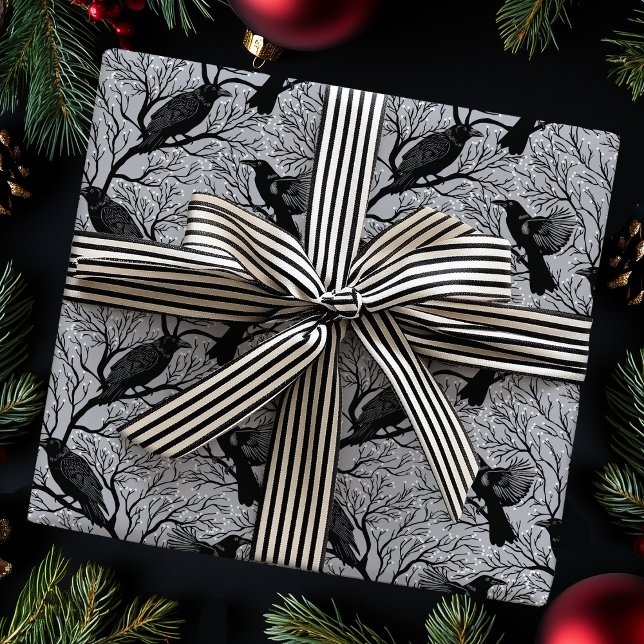 Grey Gothic Winter Berry Ravens Christmas Wrapping Paper (Creator Uploaded)