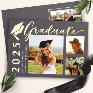 Grey Grad Cap Photo Foil Graduation Announcement