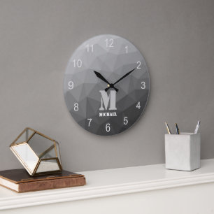 Grey Gradient Geometric Mesh Pattern Monogram Large Clock