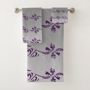Grey Gradient Purple Striped Floral Leaf Pattern Bath Towel Set