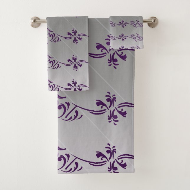 Grey Gradient Purple Striped Floral Leaf Pattern Bath Towel Set (Insitu)