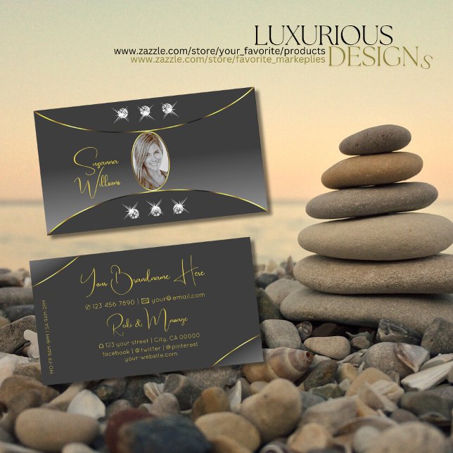 Grey Gradient with Gold Decor Jewels and Photo Business Card (Creator Uploaded)