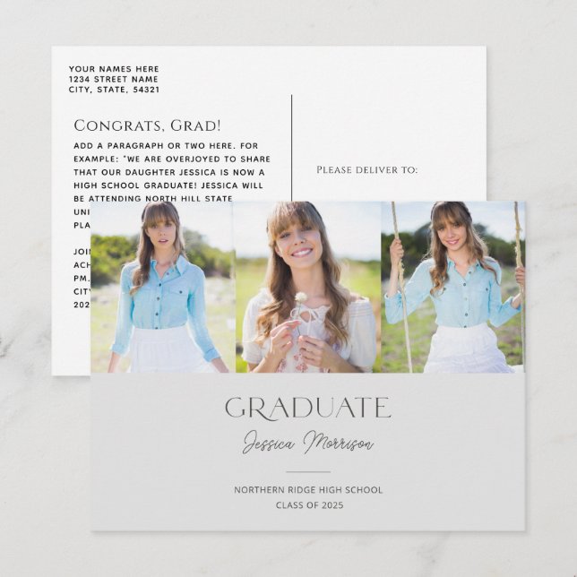 Grey Graduate Script Name Multi Photo Graduation Postcard (Front/Back)