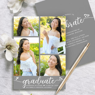 Grey Graduation 4 Photo Modern Calligraphy Hearts Announcement