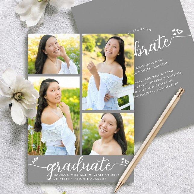 Grey Graduation 4 Photo Modern Calligraphy Hearts Announcement (Creator Uploaded)