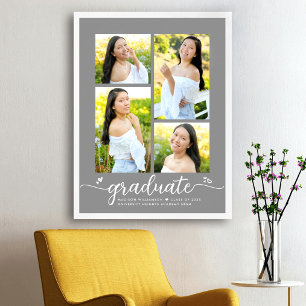 Grey Graduation 4 Photo Script Hearts Modern Girly Poster
