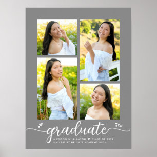 Grey Graduation 4 Photo Script Hearts Modern Girly Poster