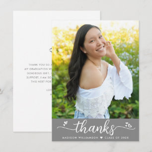 Grey Graduation Photo Modern Elegant Script Hearts Thank You Card