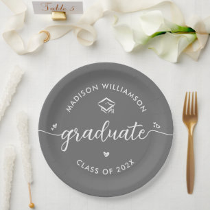Grey Graduation White Script Hearts Cap Modern Fun Paper Plate